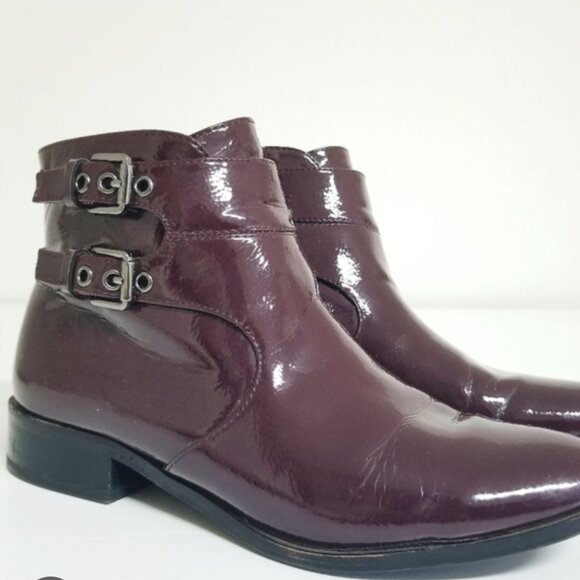 Franco Sarto Burgundy Patent Leather Ankle Boots with Buckle and Side Zip up - Picture 1 of 6